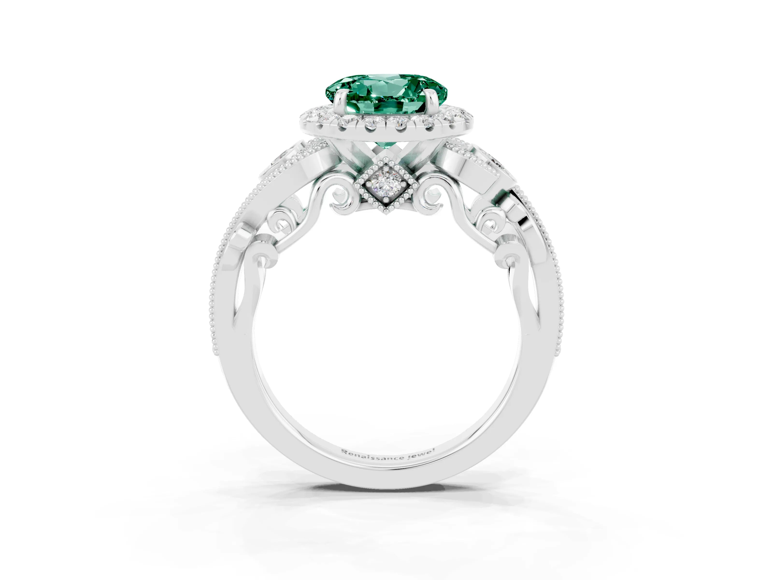 White gold Round Cut Green Sapphire Halo Ring with Milgrain Pavé Band and Four-Prong Setting_15