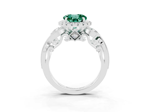 White gold Round Cut Green Sapphire Halo Ring with Milgrain Pavé Band and Four-Prong Setting_15