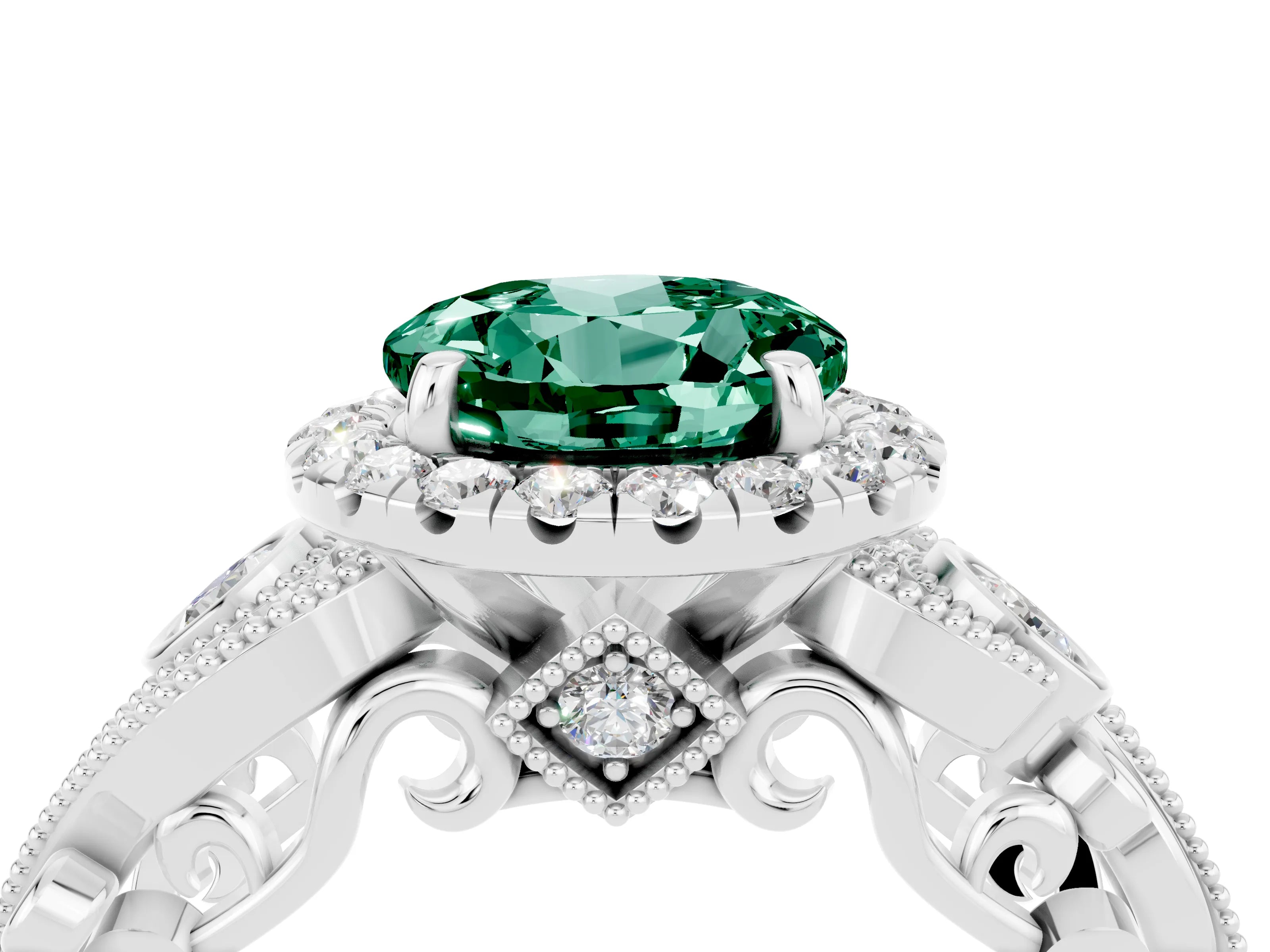 White gold Round Cut Green Sapphire Halo Ring with Milgrain Pavé Band and Four-Prong Setting_16