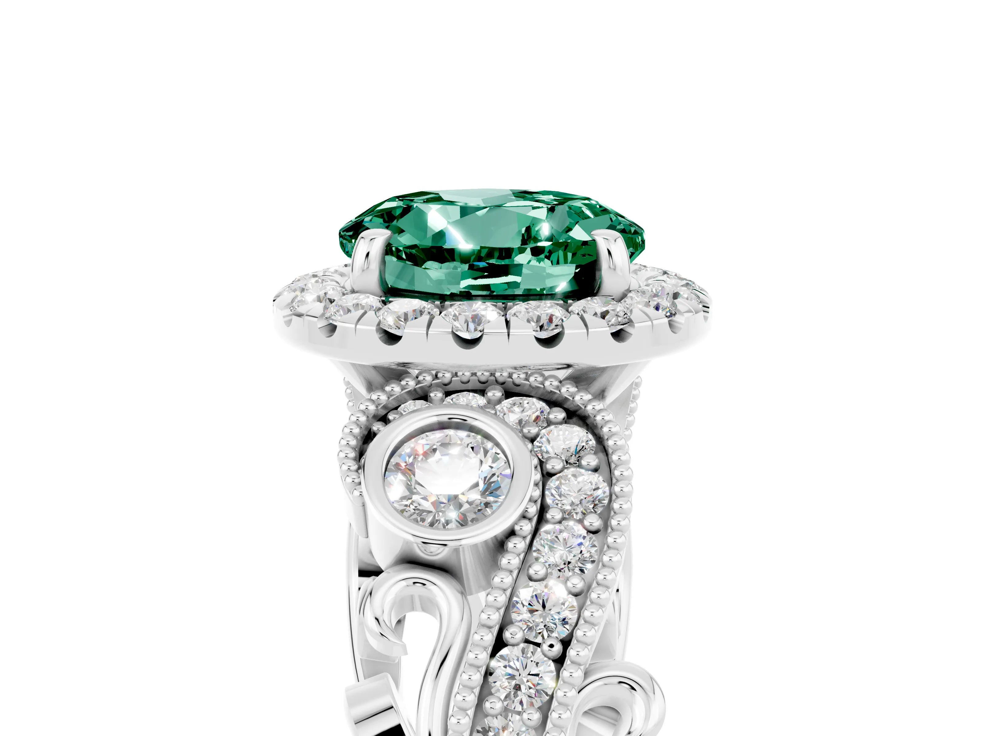 White gold Round Cut Green Sapphire Halo Ring with Milgrain Pavé Band and Four-Prong Setting_17