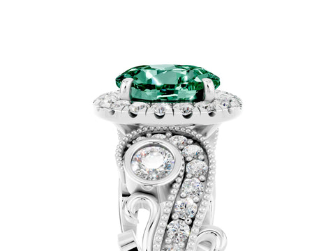 White gold Round Cut Green Sapphire Halo Ring with Milgrain Pavé Band and Four-Prong Setting_17