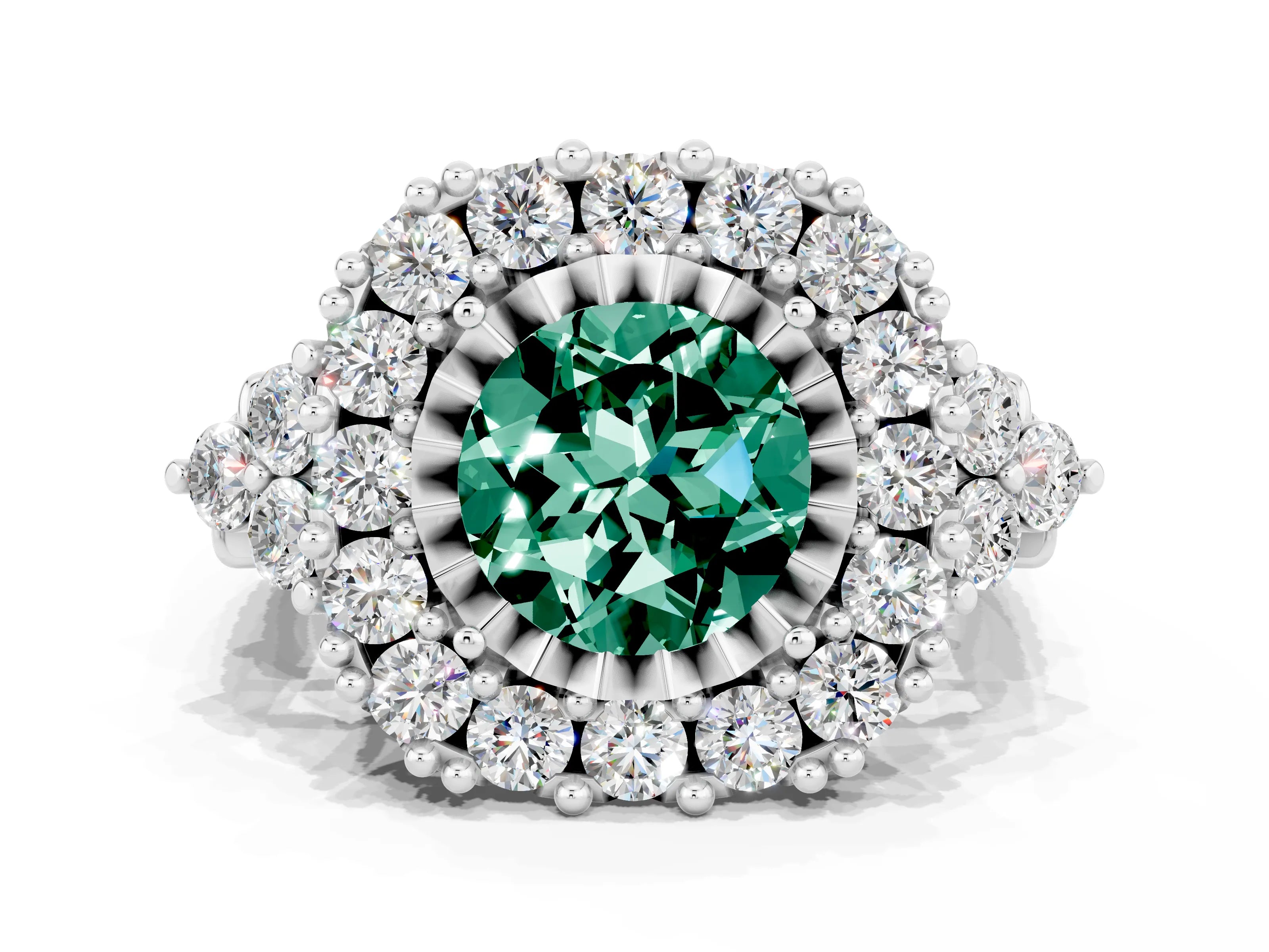 White gold Round Cut Green Sapphire Halo Ring with Pavé Band and Four-Prong Setting_12