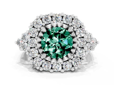 White gold Round Cut Green Sapphire Halo Ring with Pavé Band and Four-Prong Setting_12