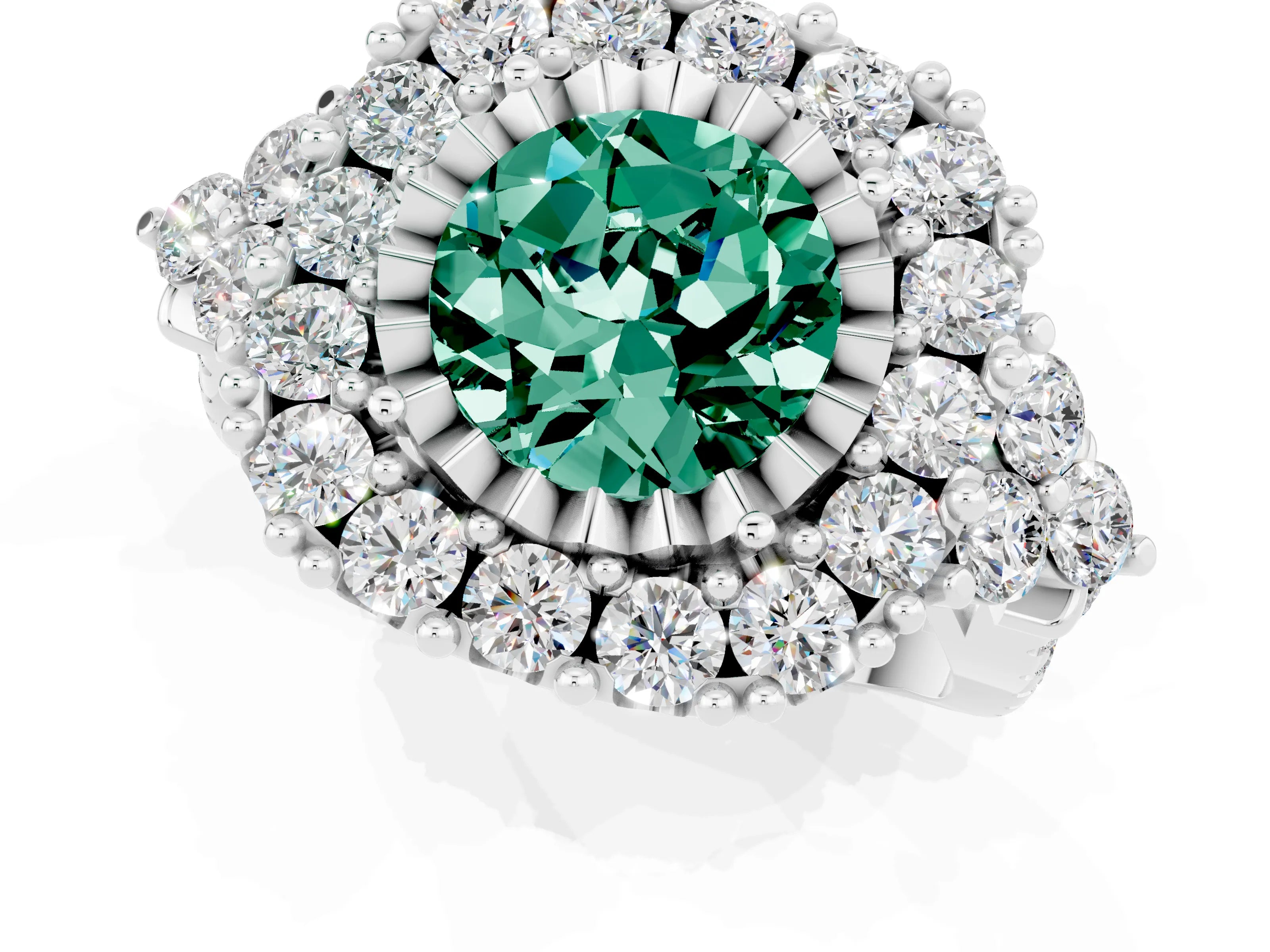White gold Round Cut Green Sapphire Halo Ring with Pavé Band and Four-Prong Setting_13