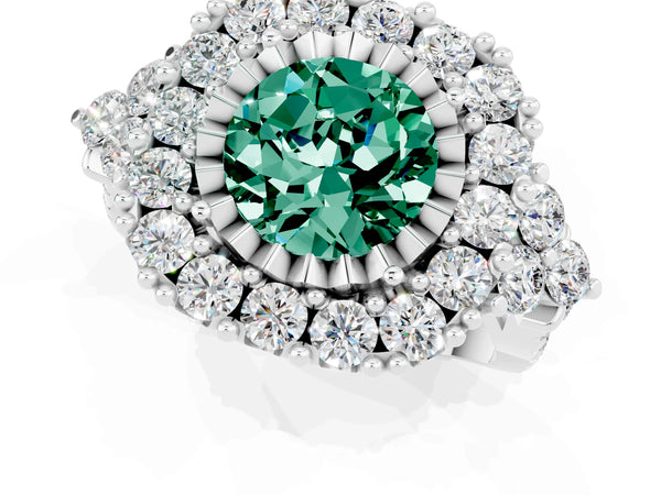 Platinum Round Cut Green Sapphire Halo Ring with Pavé Band and Four-Prong Setting