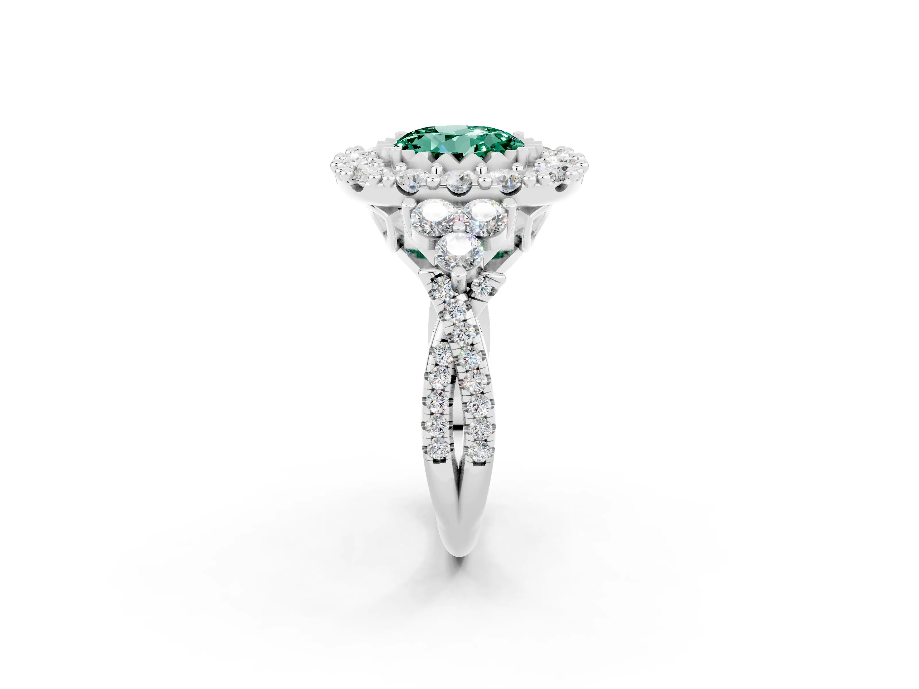 White gold Round Cut Green Sapphire Halo Ring with Pavé Band and Four-Prong Setting_14