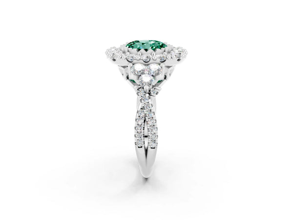 White gold Round Cut Green Sapphire Halo Ring with Pavé Band and Four-Prong Setting