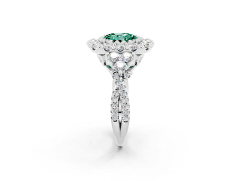 White gold Round Cut Green Sapphire Halo Ring with Pavé Band and Four-Prong Setting_14