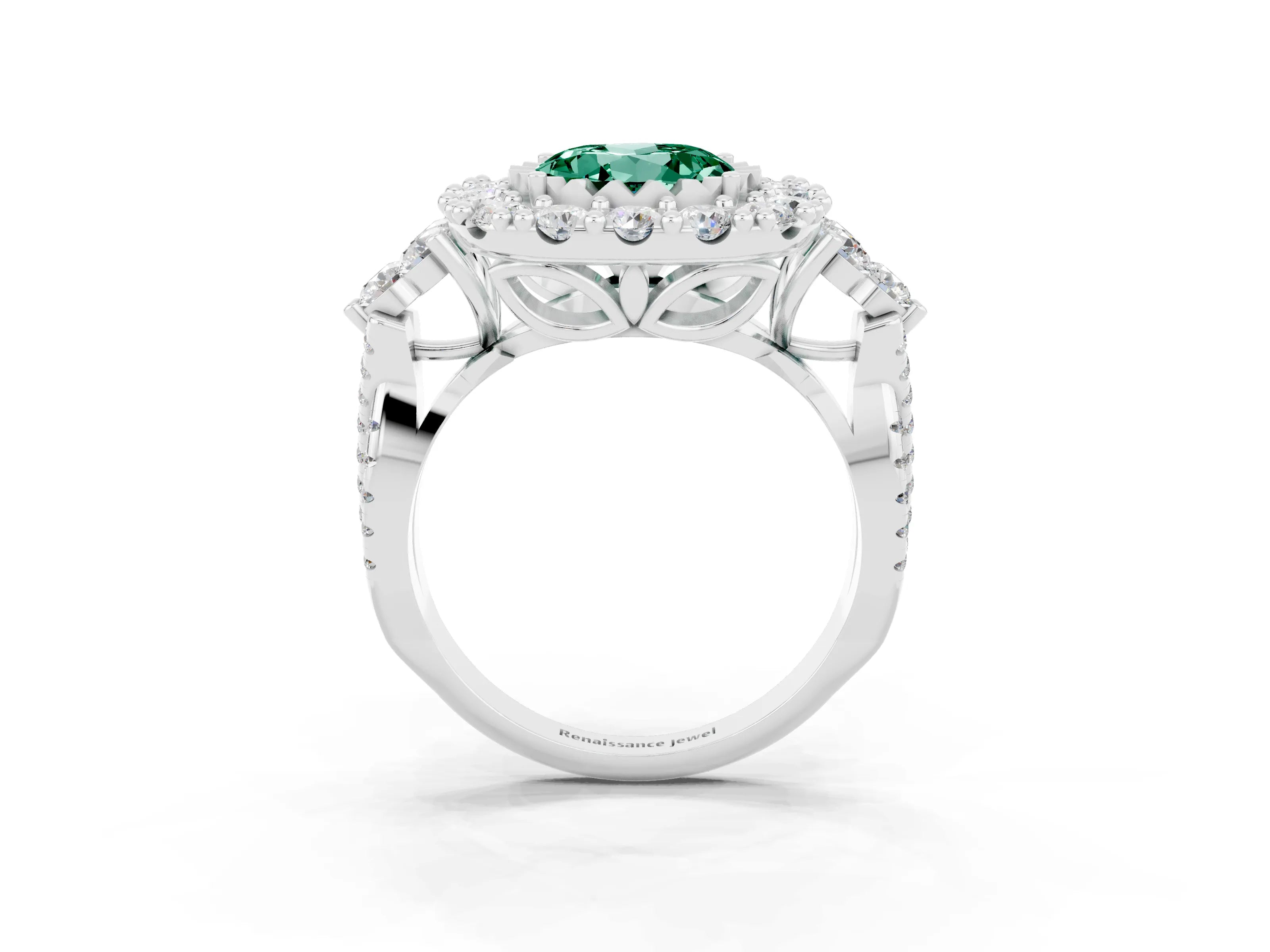 White gold Round Cut Green Sapphire Halo Ring with Pavé Band and Four-Prong Setting_15