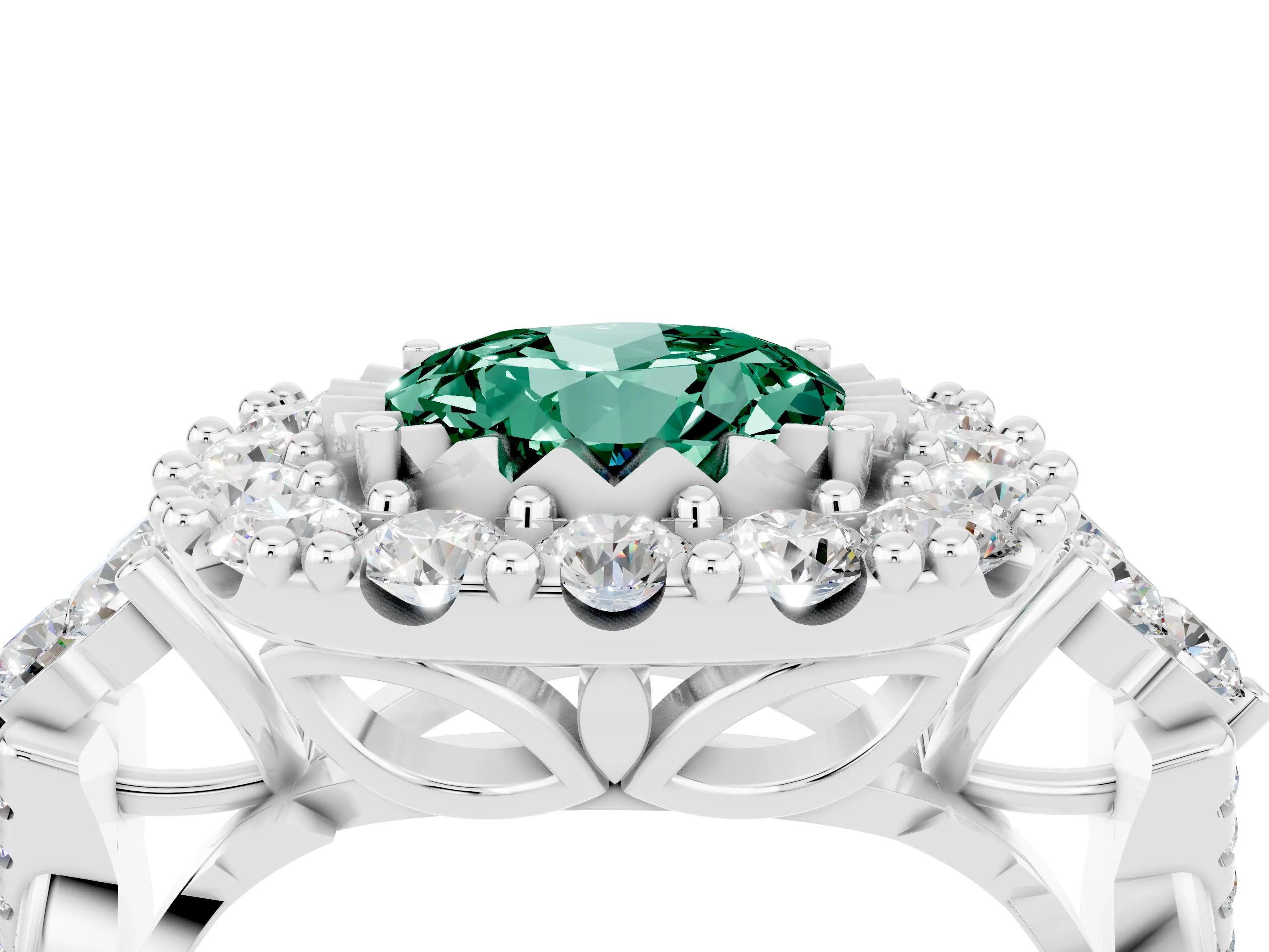 White gold Round Cut Green Sapphire Halo Ring with Pavé Band and Four-Prong Setting_16
