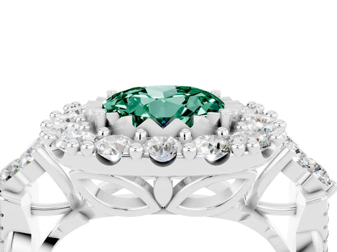 White gold Round Cut Green Sapphire Halo Ring with Pavé Band and Four-Prong Setting_16
