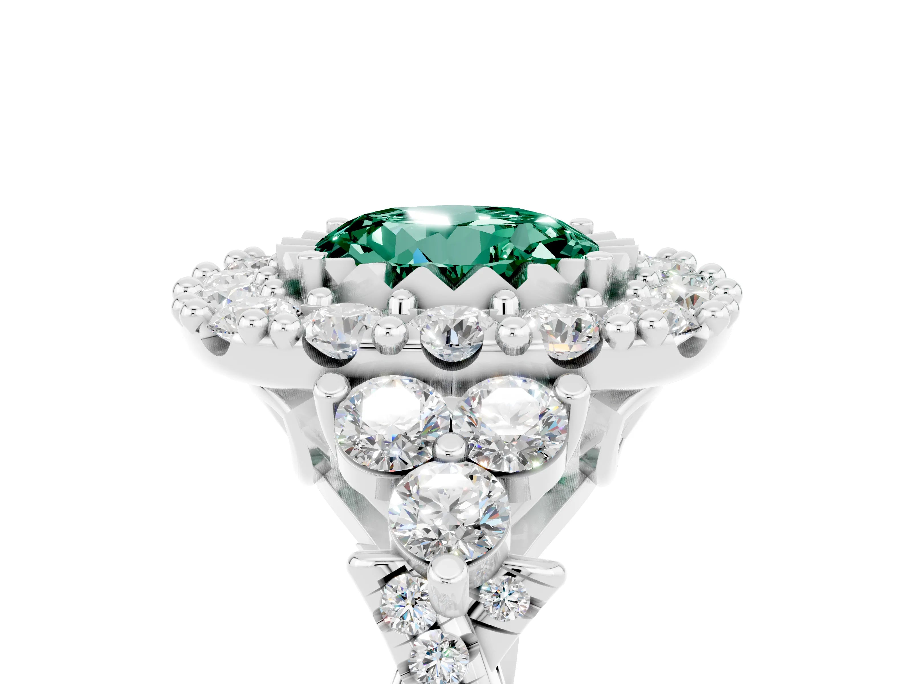 White gold Round Cut Green Sapphire Halo Ring with Pavé Band and Four-Prong Setting_17