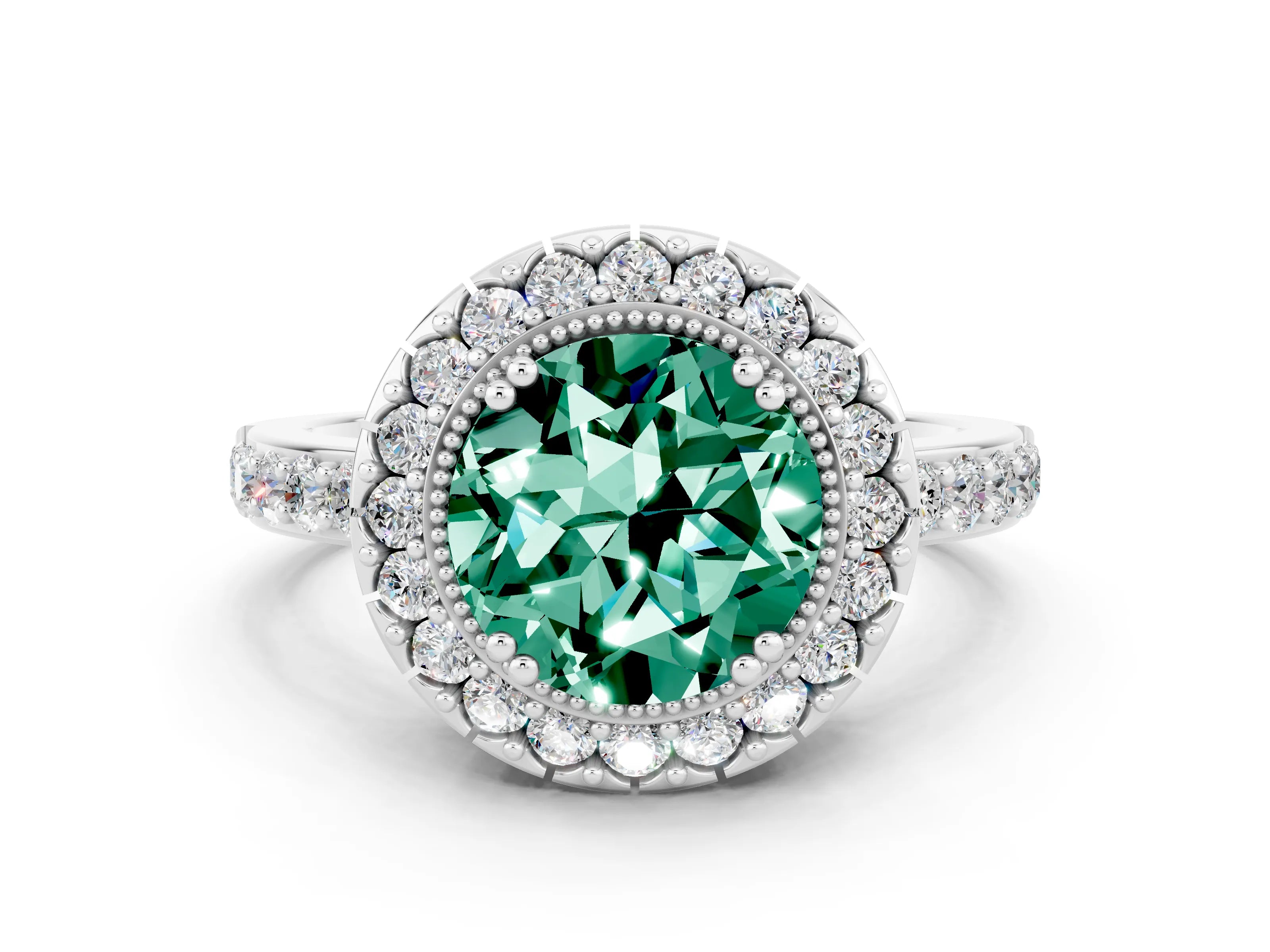 White gold Round Cut Green Sapphire Halo Ring with Pavé Band and Prong Setting