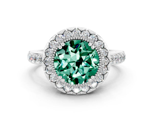 Platinum Round Cut Green Sapphire Halo Ring with Pavé Band and Prong Setting