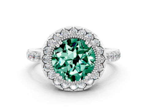 White gold Round Cut Green Sapphire Halo Ring with Pavé Band and Prong Setting