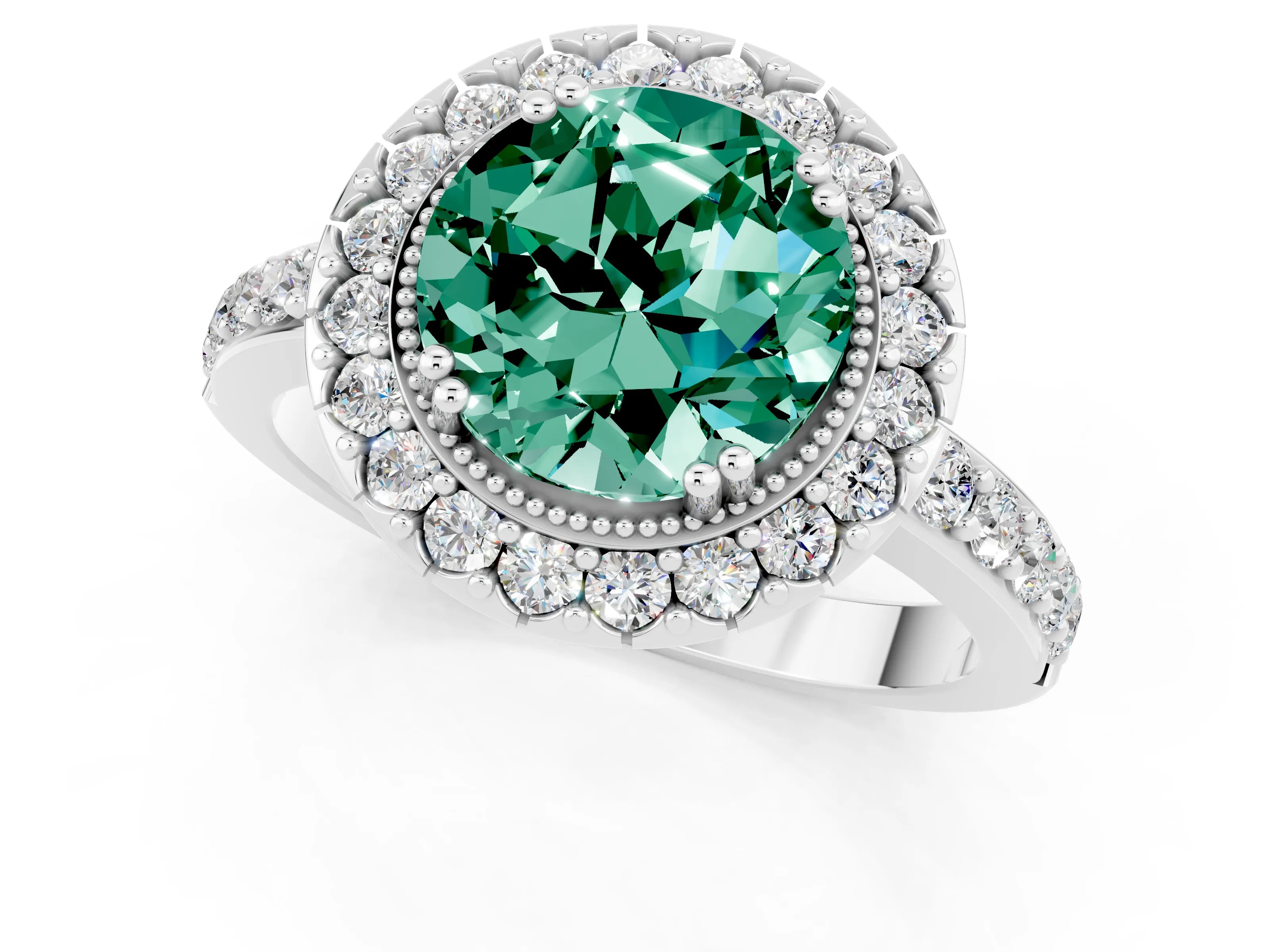 White gold Round Cut Green Sapphire Halo Ring with Pavé Band and Prong Setting_1