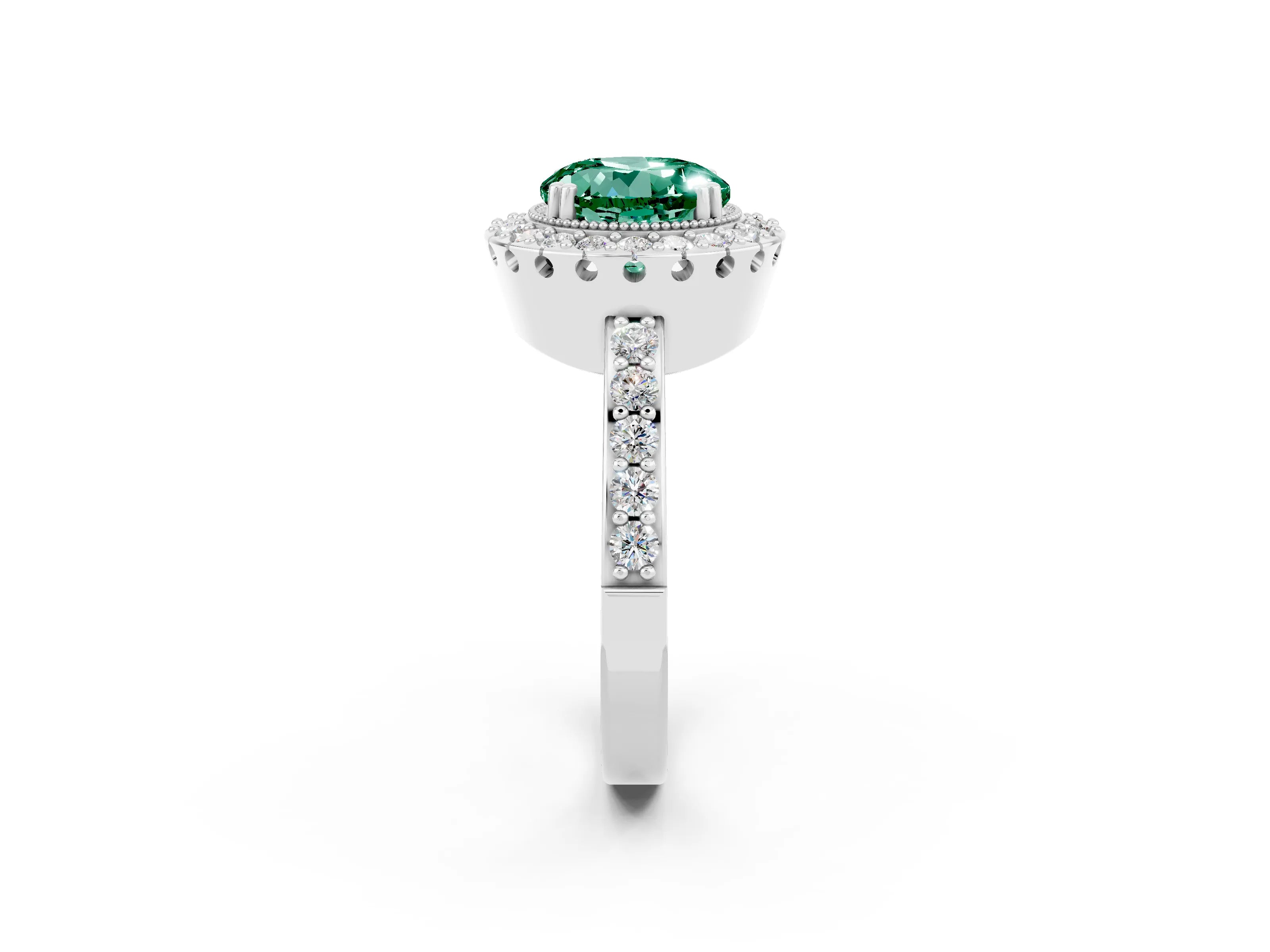 White gold Round Cut Green Sapphire Halo Ring with Pavé Band and Prong Setting_2