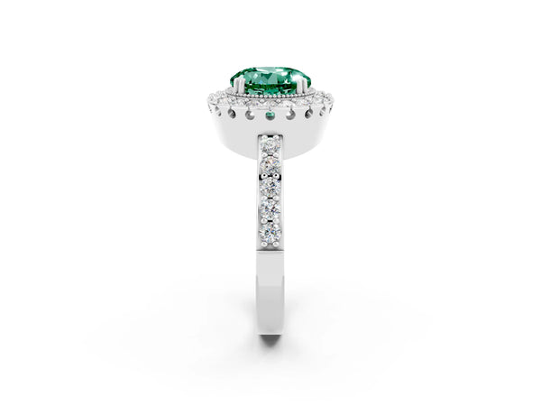 Silver Round Cut Green Sapphire Halo Ring with Pavé Band and Prong Setting
