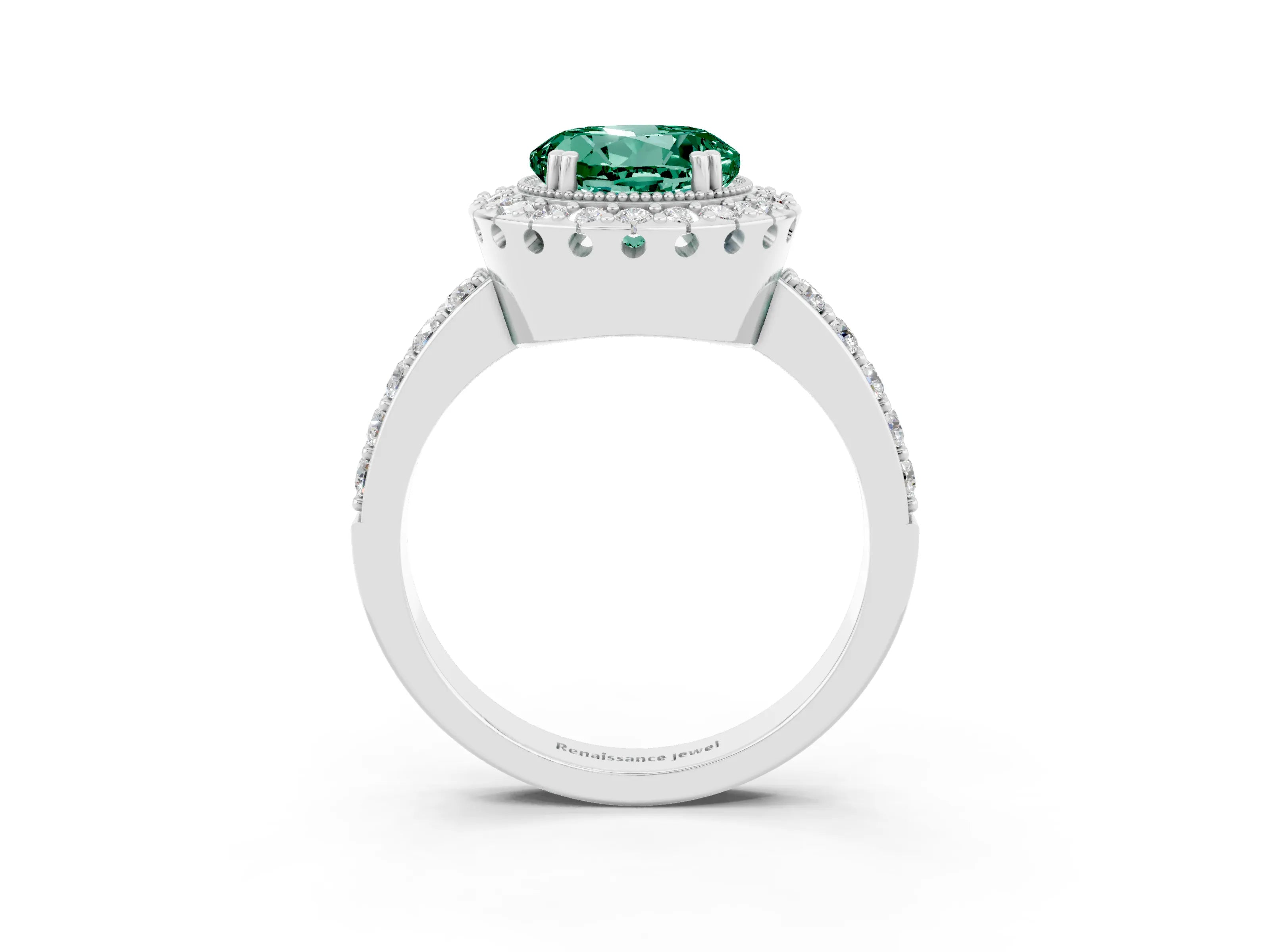 White gold Round Cut Green Sapphire Halo Ring with Pavé Band and Prong Setting_3