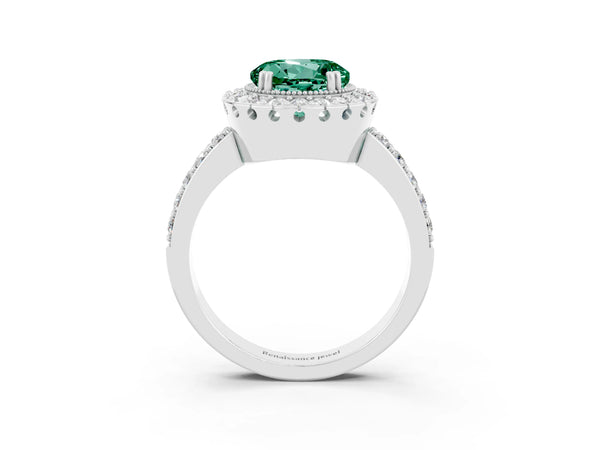 Platinum Round Cut Green Sapphire Halo Ring with Pavé Band and Prong Setting