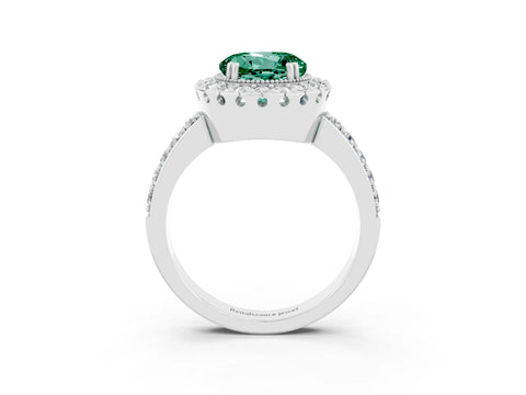 White gold Round Cut Green Sapphire Halo Ring with Pavé Band and Prong Setting_3