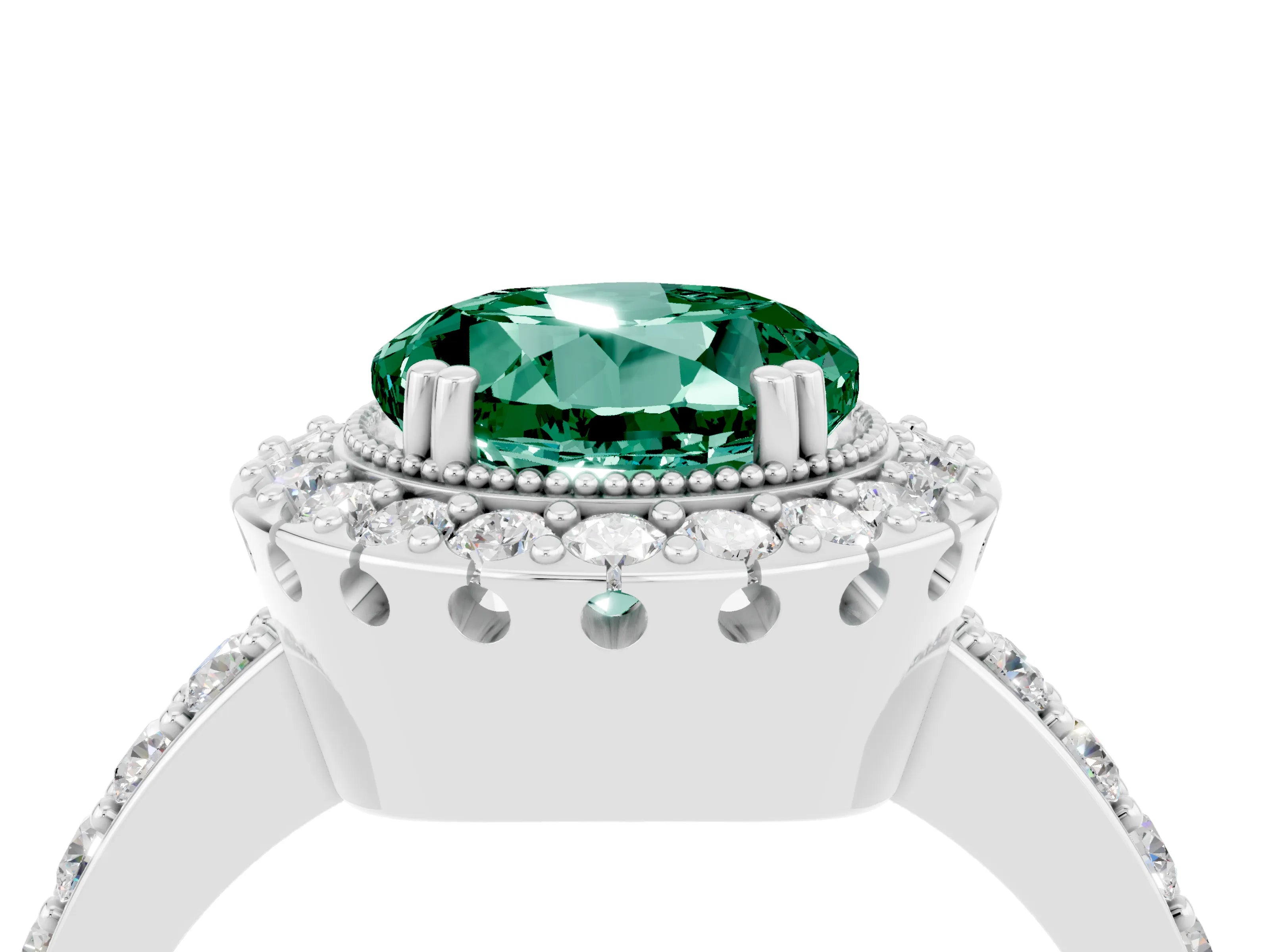 White gold Round Cut Green Sapphire Halo Ring with Pavé Band and Prong Setting_4