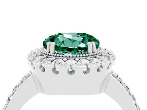 White gold Round Cut Green Sapphire Halo Ring with Pavé Band and Prong Setting_4
