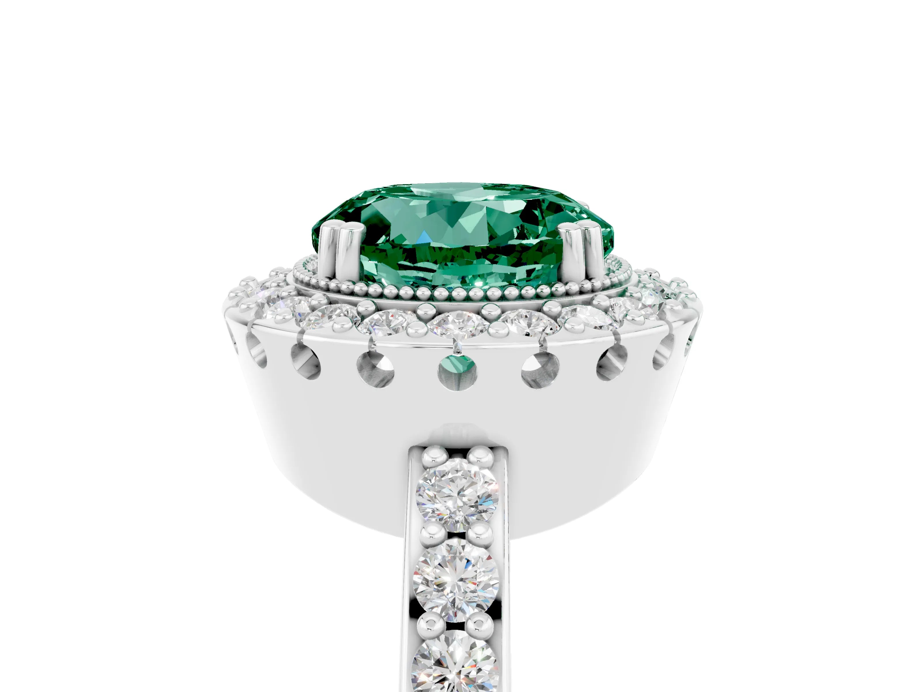 White gold Round Cut Green Sapphire Halo Ring with Pavé Band and Prong Setting_5