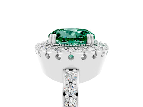 White gold Round Cut Green Sapphire Halo Ring with Pavé Band and Prong Setting_5
