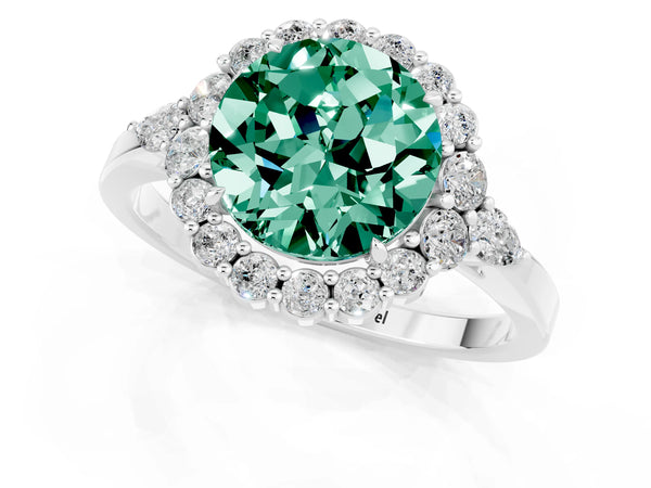 Platinum Round Cut Green Sapphire Halo Ring with Pear Side Stones and Prong Setting