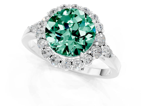 White gold Round Cut Green Sapphire Halo Ring with Pear Side Stones and Prong Setting_25