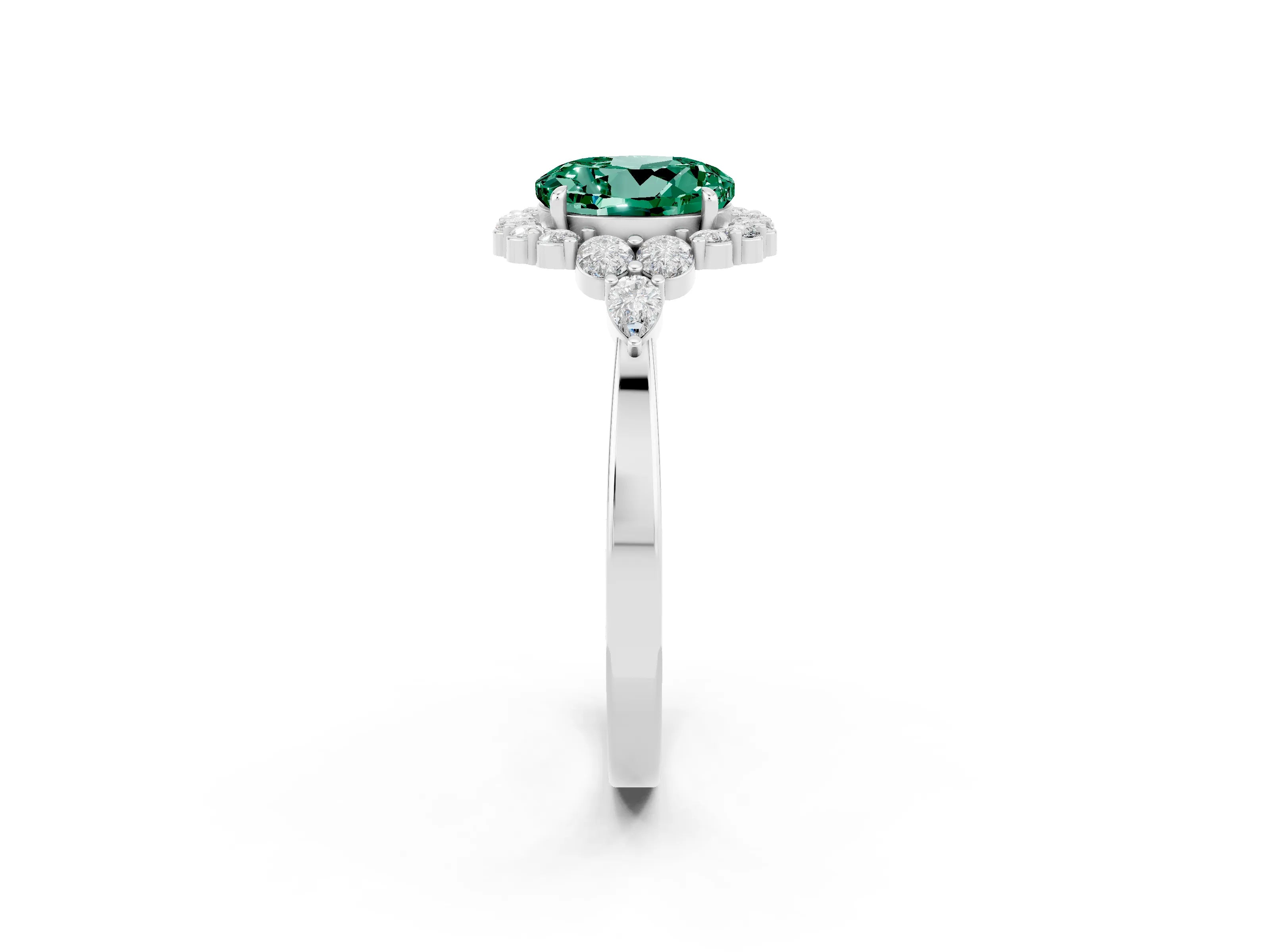 White gold Round Cut Green Sapphire Halo Ring with Pear Side Stones and Prong Setting_26