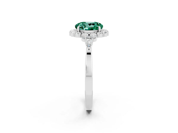 Silver Round Cut Green Sapphire Halo Ring with Pear Side Stones and Prong Setting