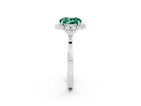 White gold Round Cut Green Sapphire Halo Ring with Pear Side Stones and Prong Setting_26