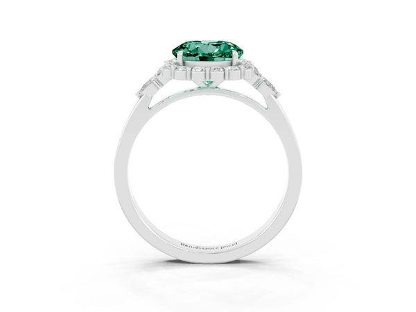 Platinum Round Cut Green Sapphire Halo Ring with Pear Side Stones and Prong Setting