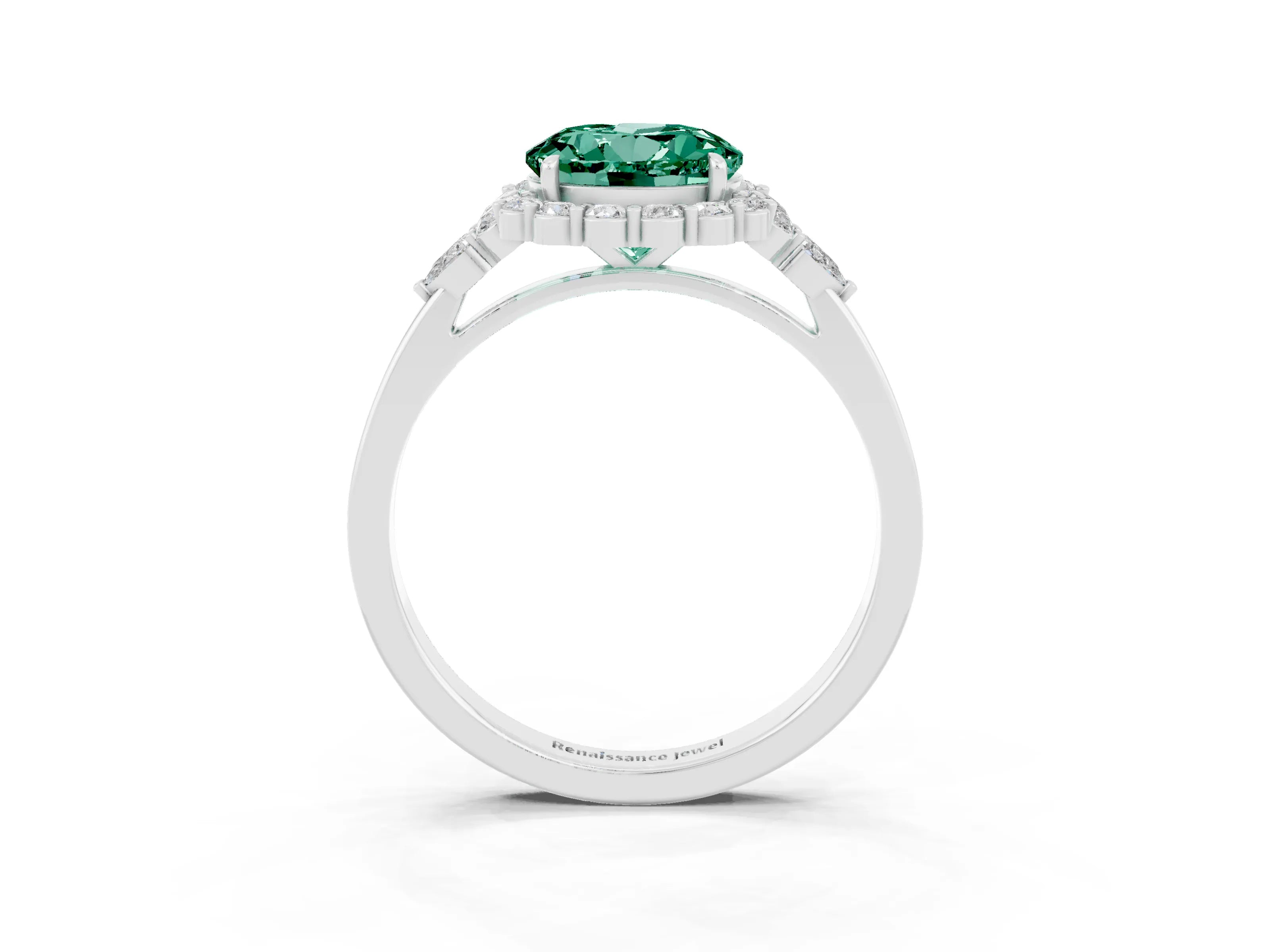White gold Round Cut Green Sapphire Halo Ring with Pear Side Stones and Prong Setting_27