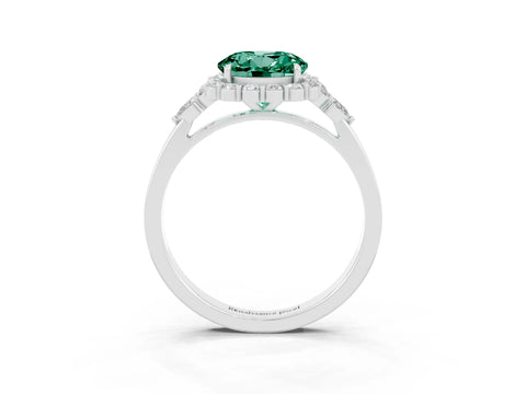 White gold Round Cut Green Sapphire Halo Ring with Pear Side Stones and Prong Setting_27