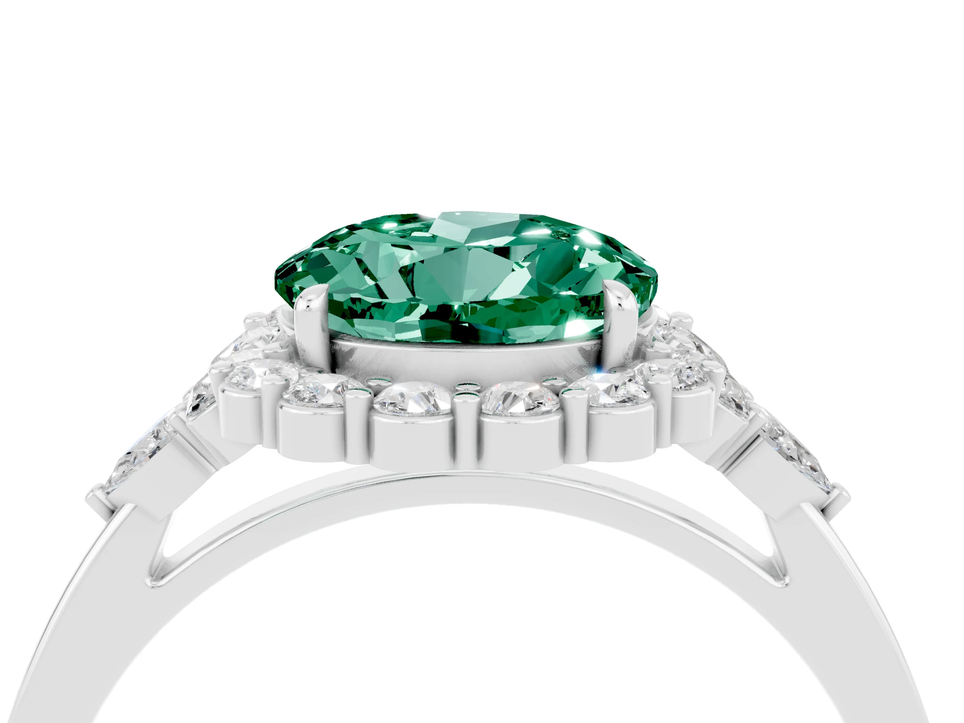 White gold Round Cut Green Sapphire Halo Ring with Pear Side Stones and Prong Setting_28