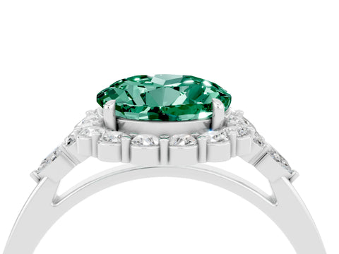 White gold Round Cut Green Sapphire Halo Ring with Pear Side Stones and Prong Setting_28