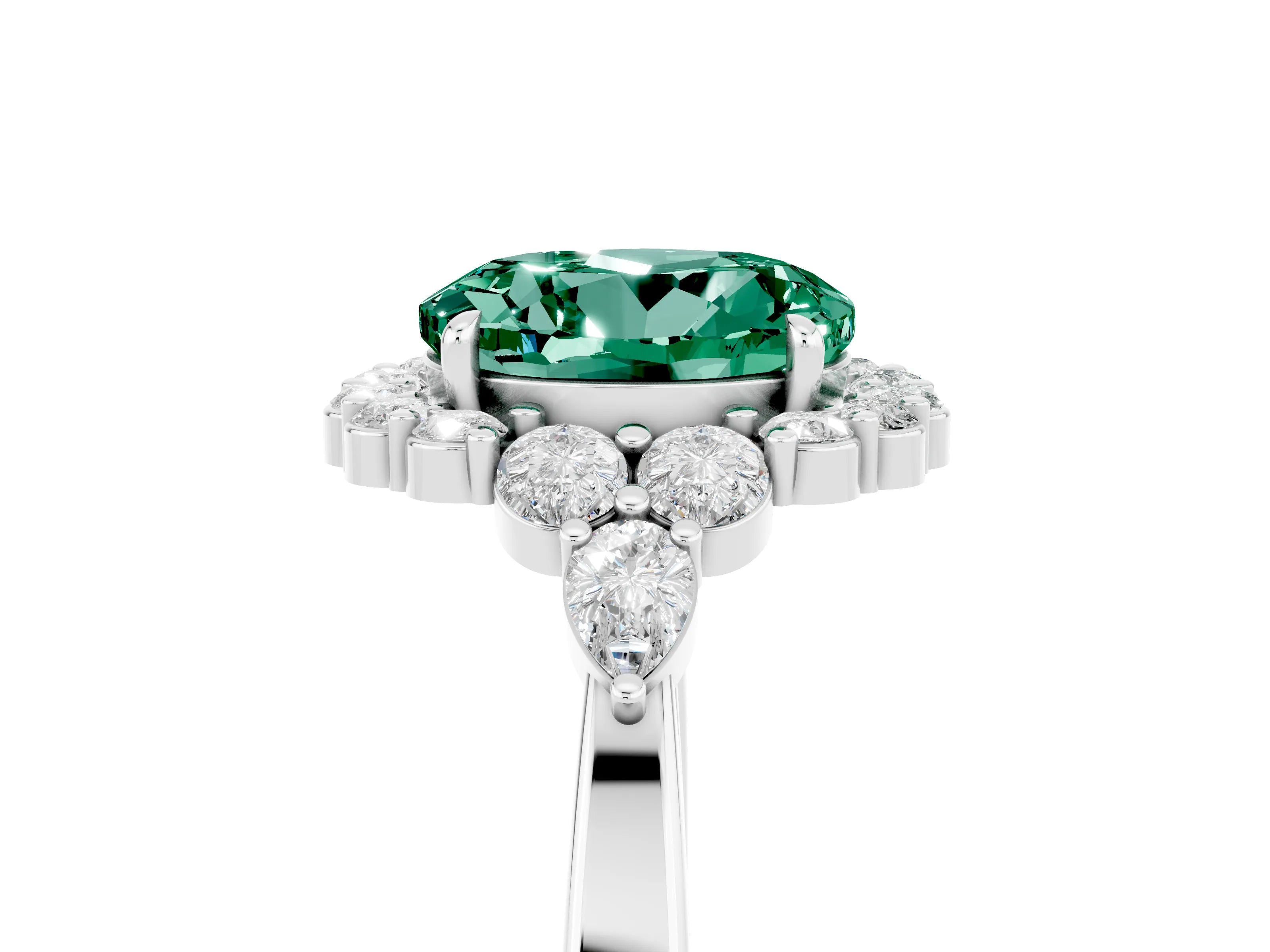 White gold Round Cut Green Sapphire Halo Ring with Pear Side Stones and Prong Setting_29