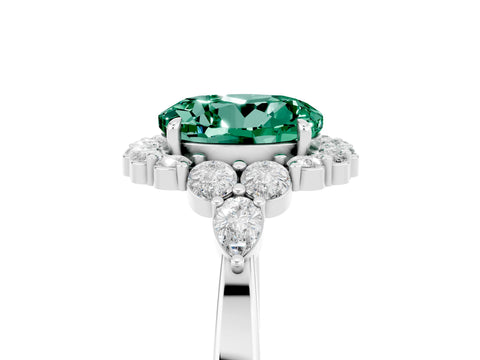 White gold Round Cut Green Sapphire Halo Ring with Pear Side Stones and Prong Setting_29