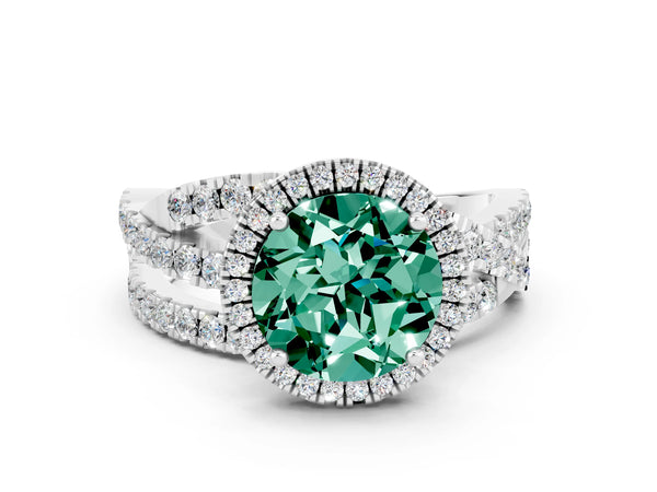 Platinum Round Cut Green Sapphire Halo Ring with Round Split Shank and Prong Setting