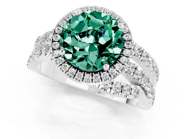 Platinum Round Cut Green Sapphire Halo Ring with Round Split Shank and Prong Setting