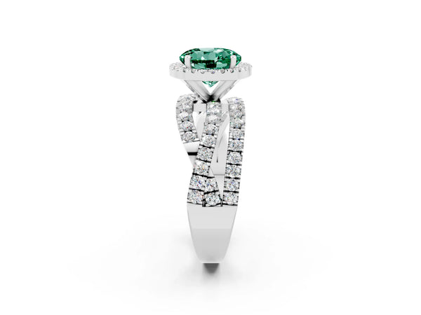 Platinum Round Cut Green Sapphire Halo Ring with Round Split Shank and Prong Setting