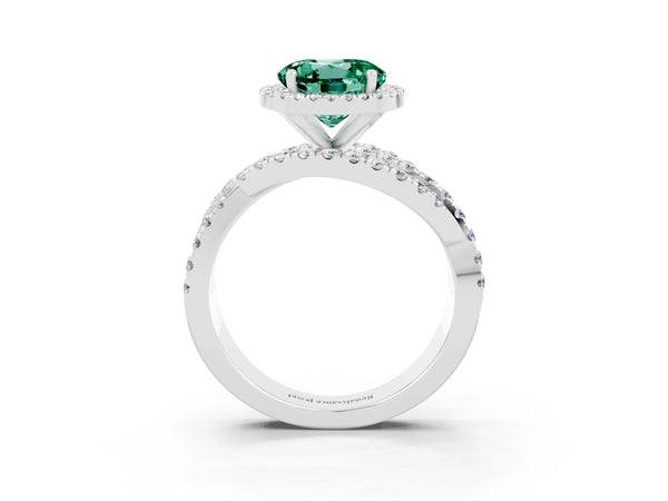 Platinum Round Cut Green Sapphire Halo Ring with Round Split Shank and Prong Setting