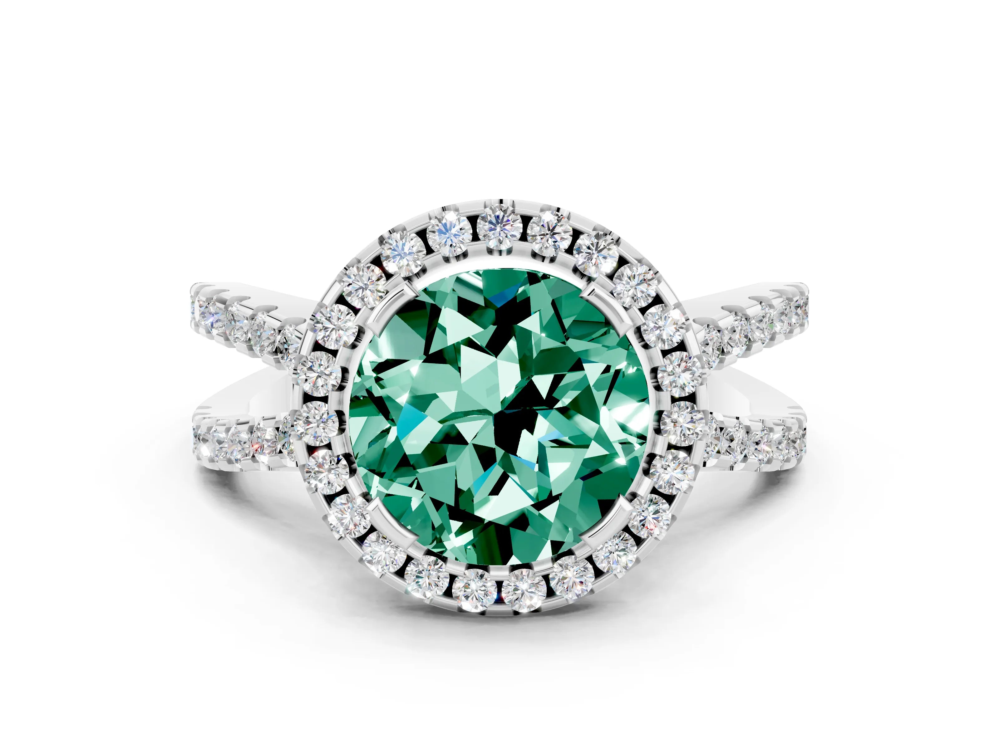 White gold Round Cut Green Sapphire Halo Ring with Split Shank Pavé Band and Prong Setting