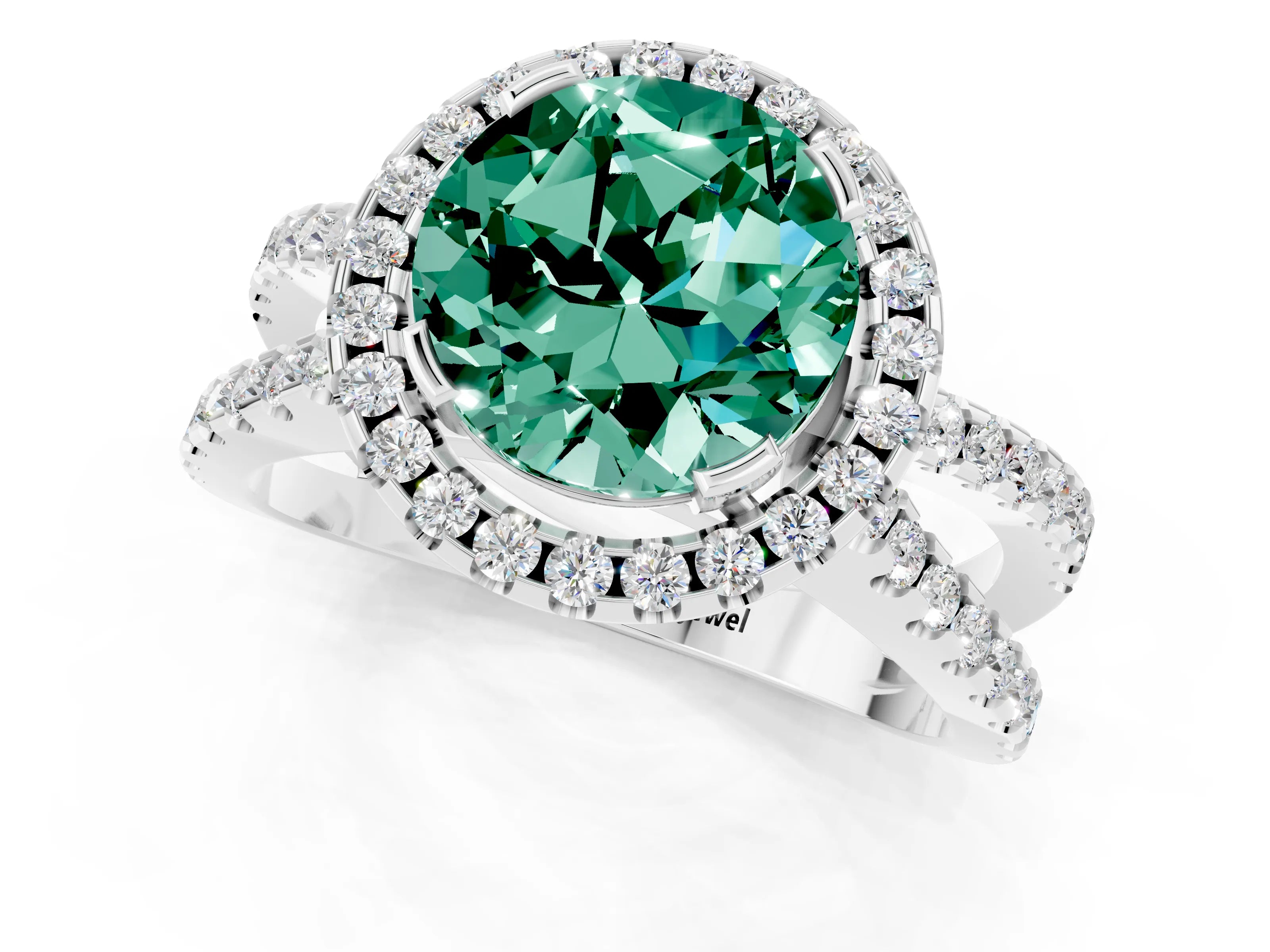 White gold Round Cut Green Sapphire Halo Ring with Split Shank Pavé Band and Prong Setting_1