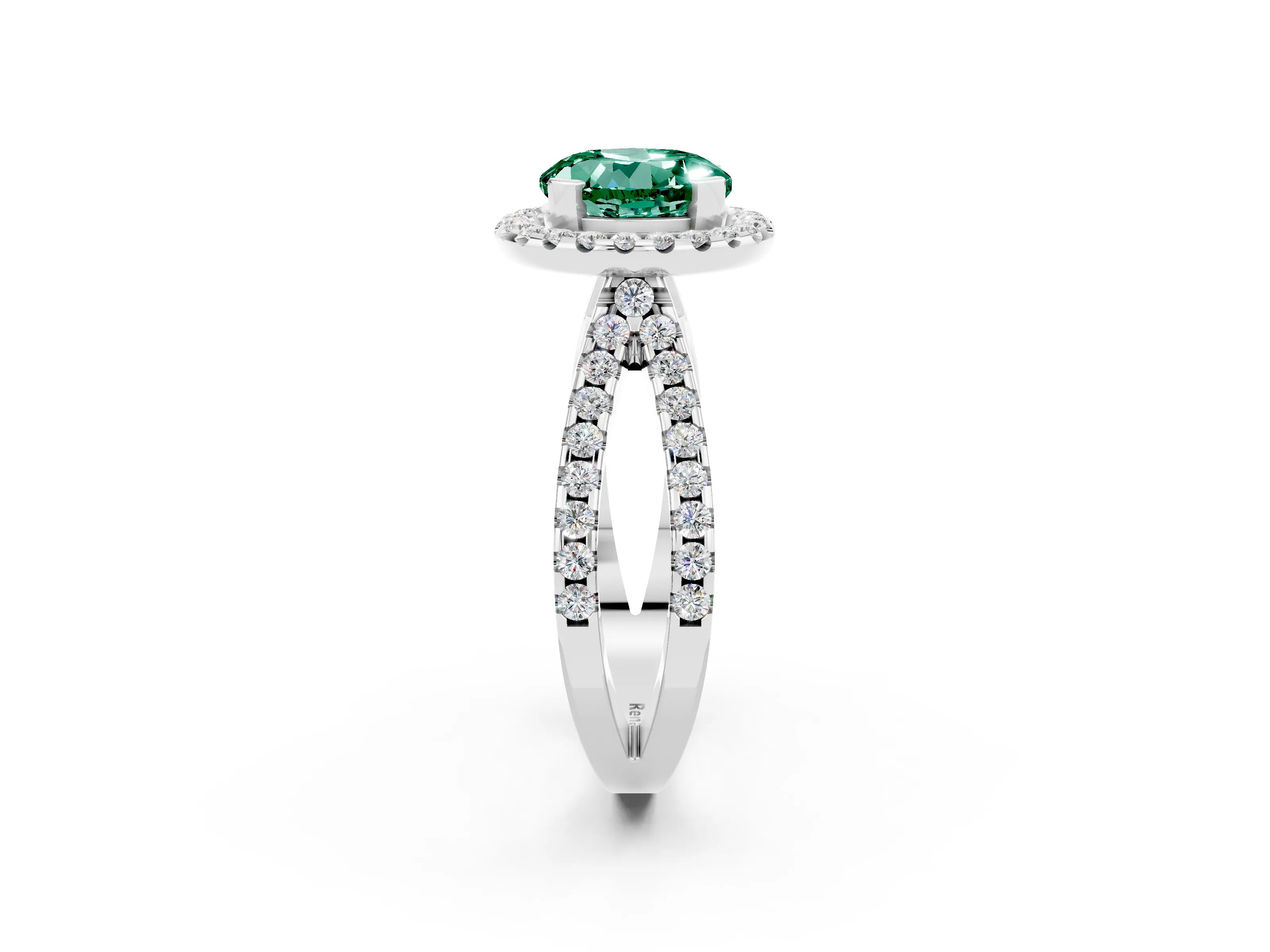 White gold Round Cut Green Sapphire Halo Ring with Split Shank Pavé Band and Prong Setting_2