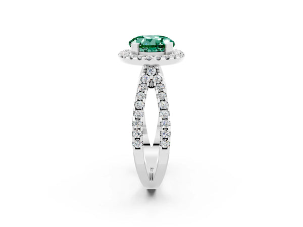 Silver Round Cut Green Sapphire Halo Ring with Split Shank Pavé Band and Prong Setting