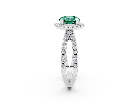 White gold Round Cut Green Sapphire Halo Ring with Split Shank Pavé Band and Prong Setting_2